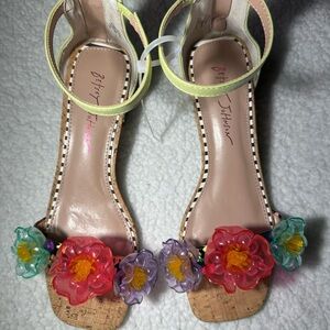 Betsey Johnson Neon Yellow Ankle-Strap Sandals with Multicolor Floral Appliqués